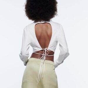 Zara Open Back Tie Up Long Sleeve Low Back Blouse